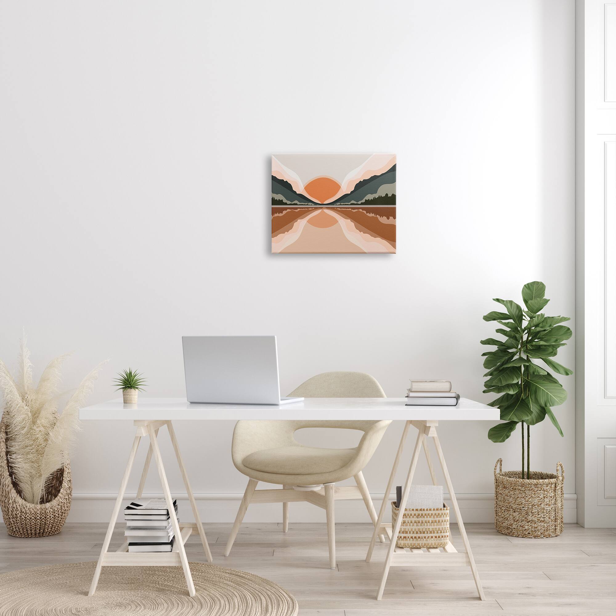 Stupell Industries Misty Sunrise Geometric Green Mountain Lake Reflection Canvas Wall Art